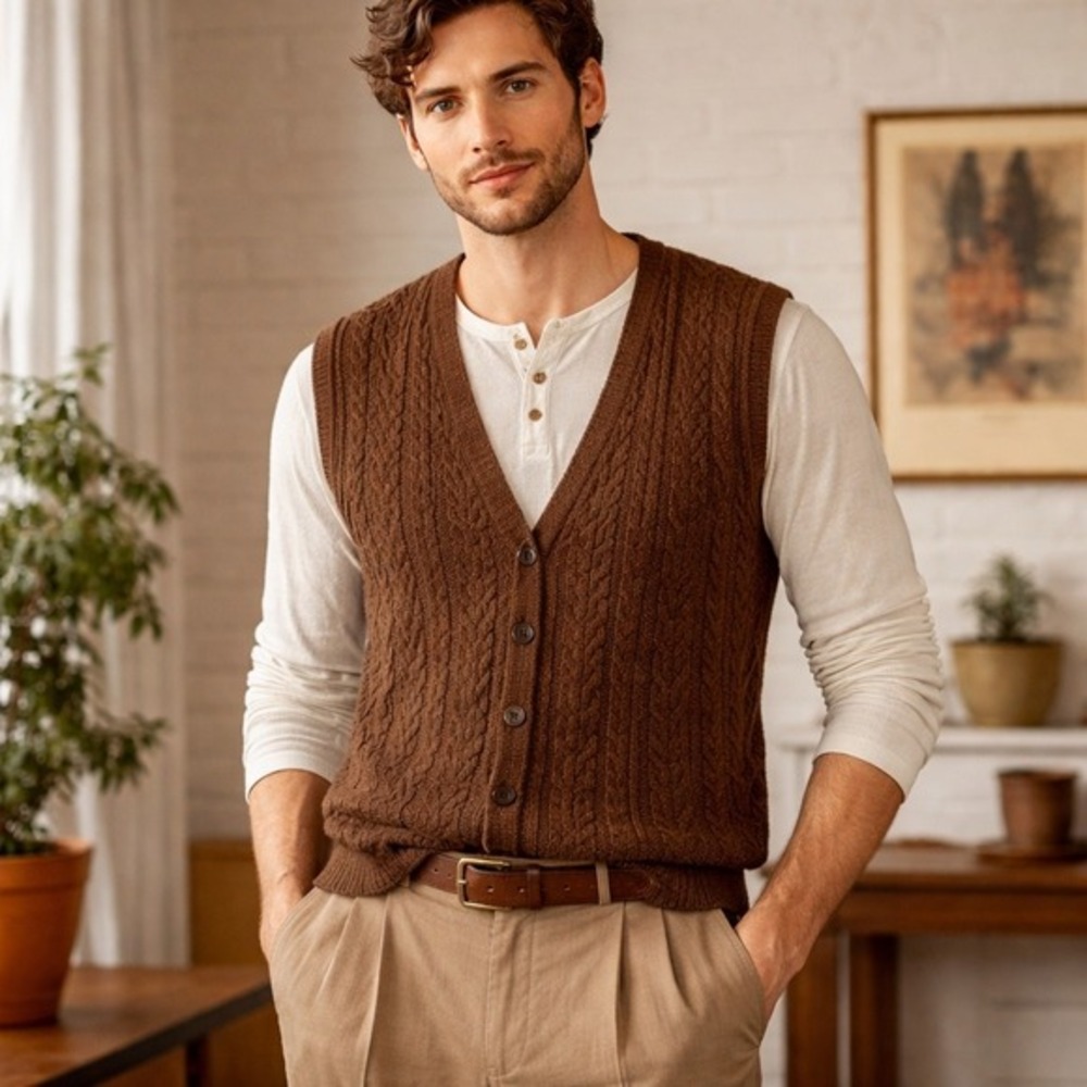Harold's Cable Knit Cardigan Vest Mens Small Brown‎ Wool Vintage Grandpa Core